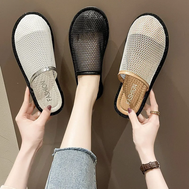 

Half Slippers Women Summer New Style Outer Wear Fashion Baotou Net Yarn Hollow Breathable Flat Bottom Lazy Muller Sandals Women