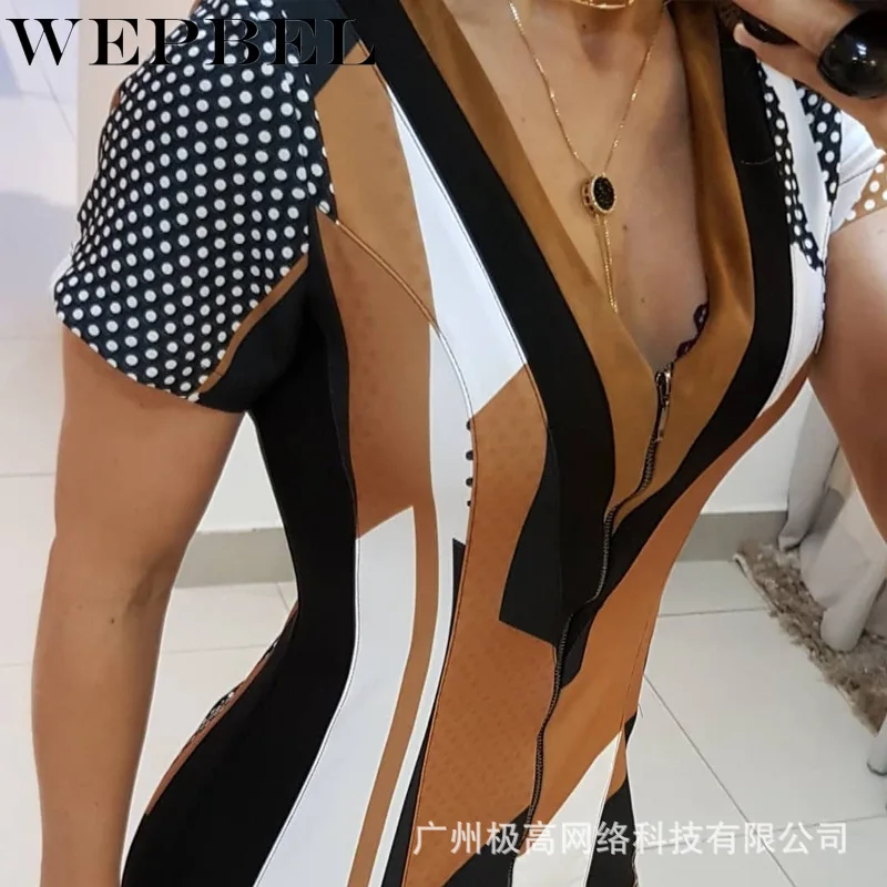 

WEPBEL Women Casual Short Sleeve Zipper Deep V Neck Patchwork Skinny Sheath Dress Ladies Elegant Slim Fit Pencil Dress
