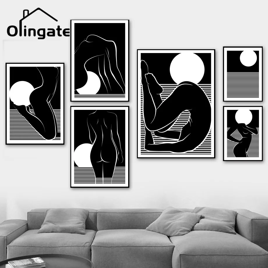 

Black White Abstract Portrait Canvas Painting Simple Nude Woman Moon One Piece Canvas Poster Bathroom Home Drawing Room Decor