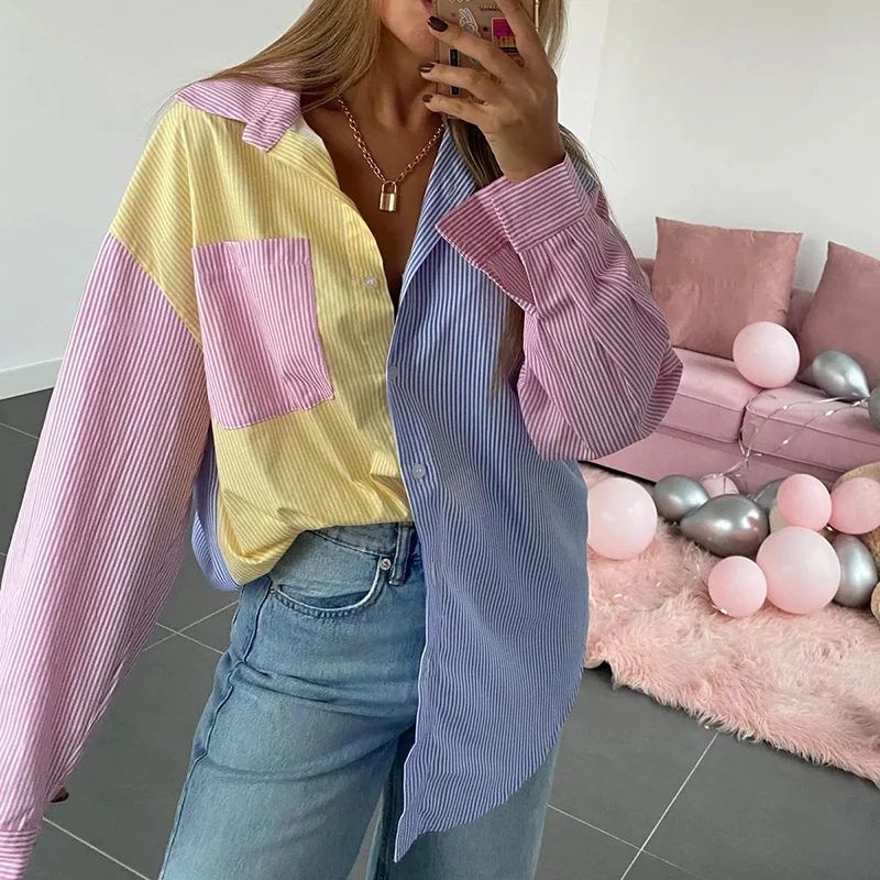 Женская рубашка в стиле пэчворк однобортная блузка контрастных цветов женская