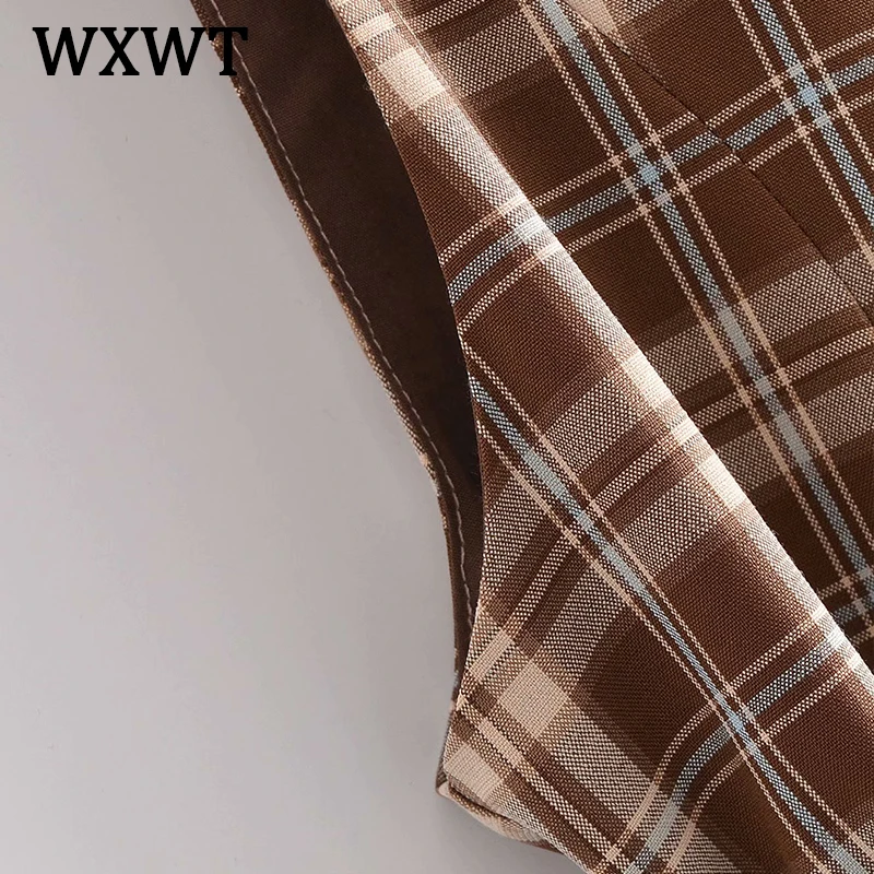 

WXWT Summer Women Vintage Plaid V-neck Lace-up Dress Sleeveless Single Breasted Office Ladies Mini Dress AZ5079