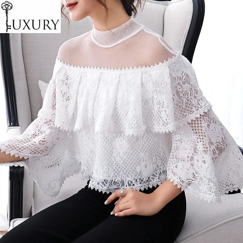 Blouse High 2020 Quality Spring Summer Tops Women Sexy Sheer Mesh Patchwork Flare Sleeve Ruffle Shirt Lace Blusas
