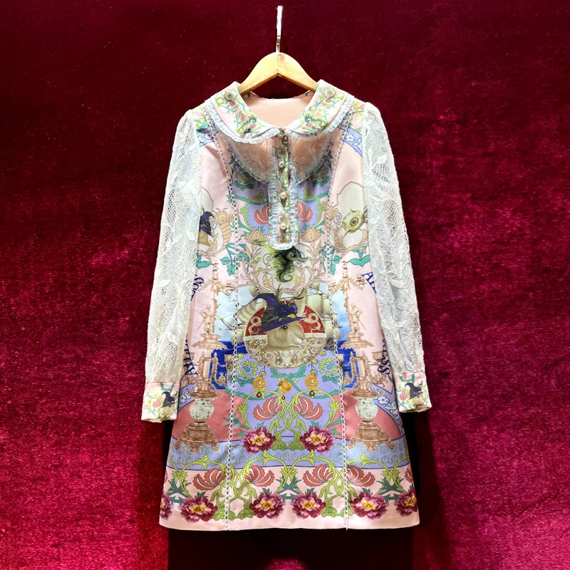

Celebrity temperament 2021 spring new French retro print doll collar lace long sleeves slim high-end dress