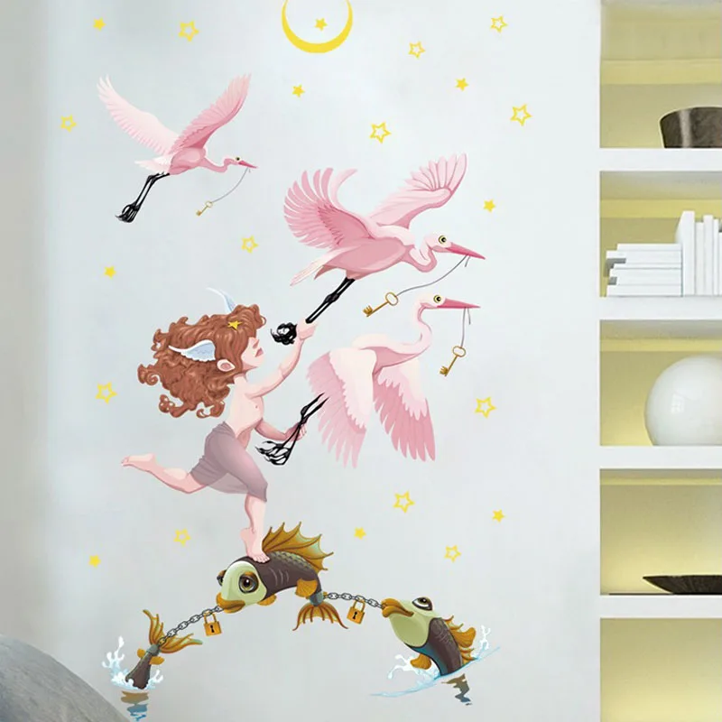 Наклейки на стену в виде мультяшных рыбок и птиц съемные украшения для гостиной