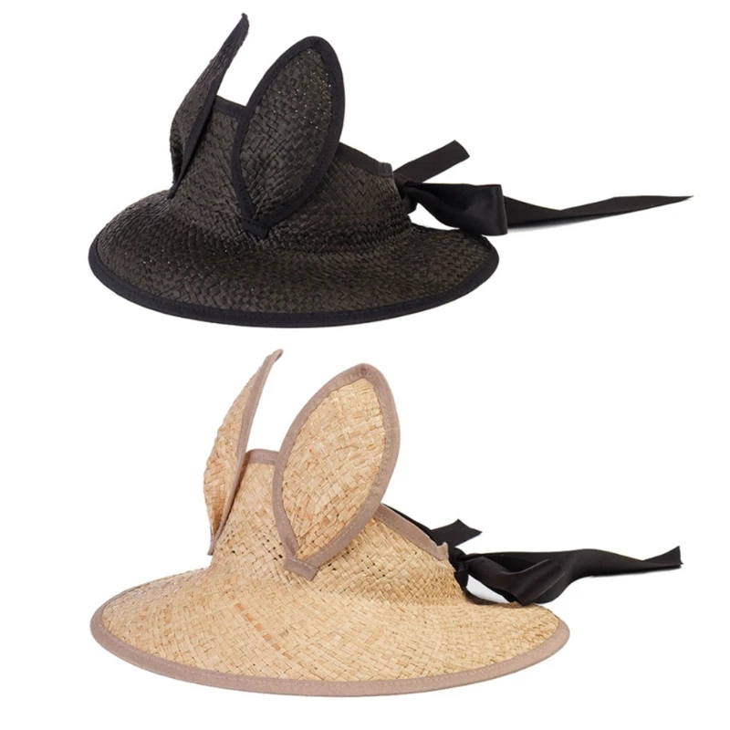 

Topless Visor Hat Straw-Woven in Raffia Summer Beach Hat with Elastic Band for Fixing & Bunny Ears