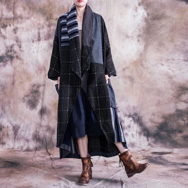 Женское ассиметричное пальто Johnature длинное большого размера с отложным