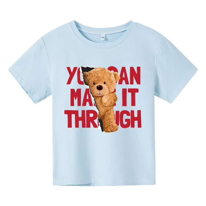 

2021 New Cute Bear Cartoon T Shirt For Kid Summer Boy Clothes 4-14T Fashion Top Tees Children Unisex girl Clothing Short sleeved