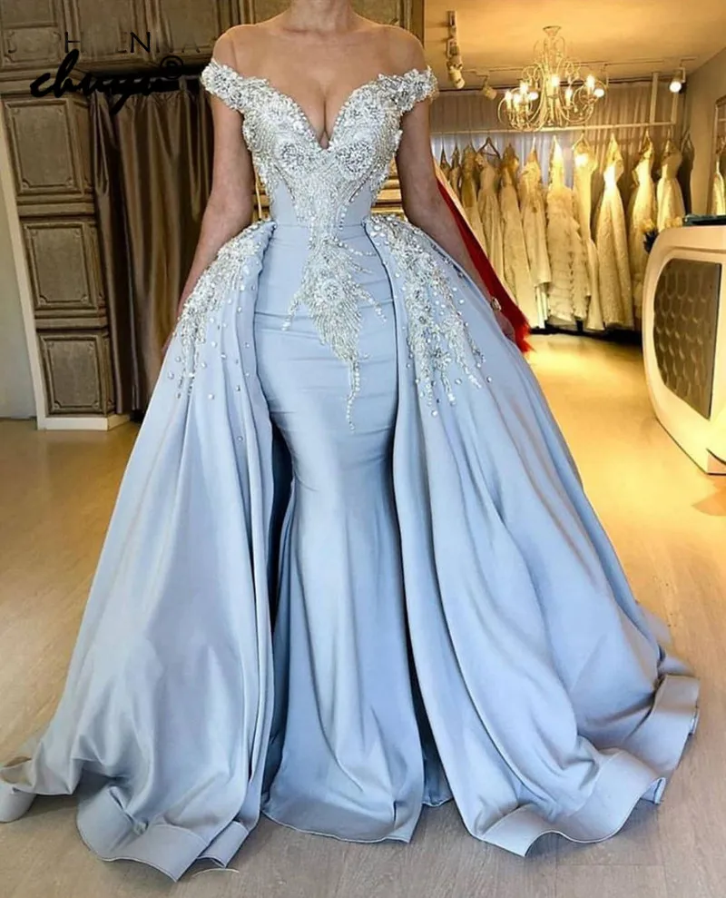 

Sky Blue Muslim Evening Dresses Off the Shoulder Detachable Train Lace Islamic Dubai Saudi Arabic Evening Gown Prom Dress