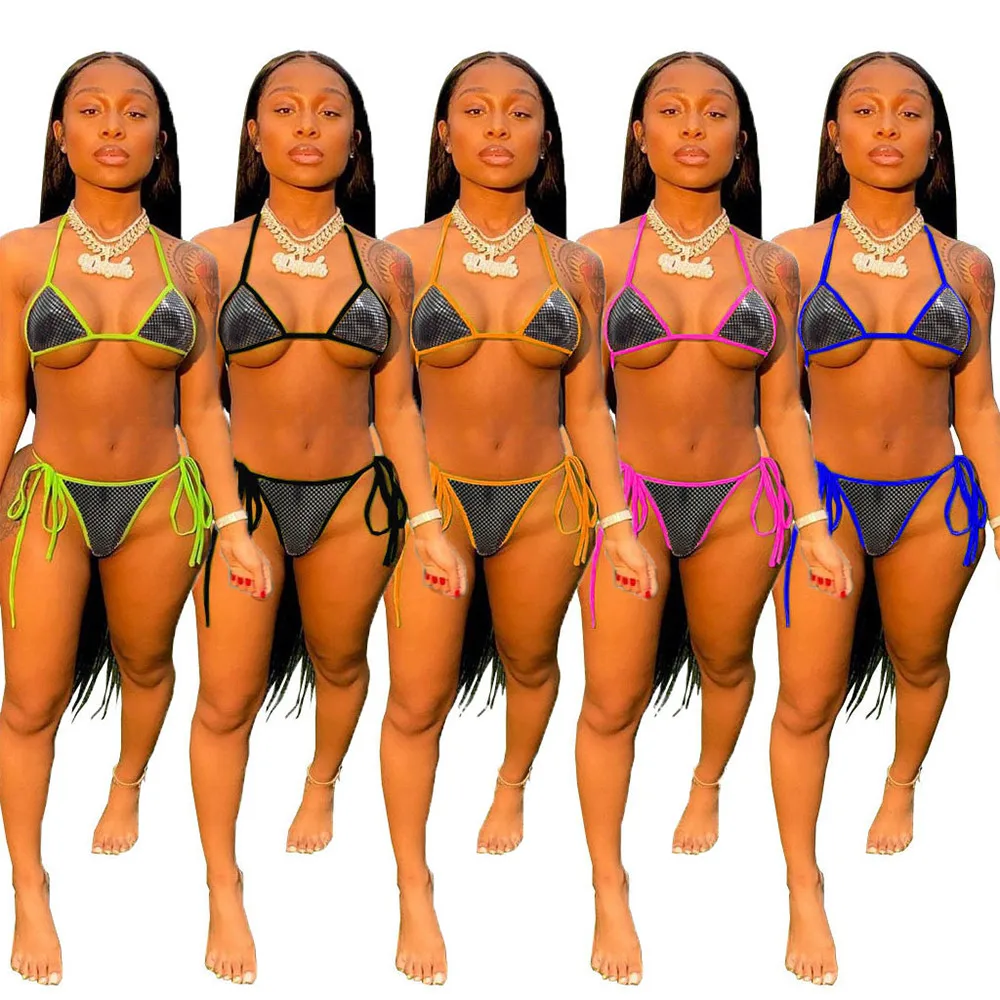 

Neon Color Beach Style Two Piece Bikini Set Summer Outfits Women Halter Open Back Bra Tops and Drawstring Underpant Swimsuits