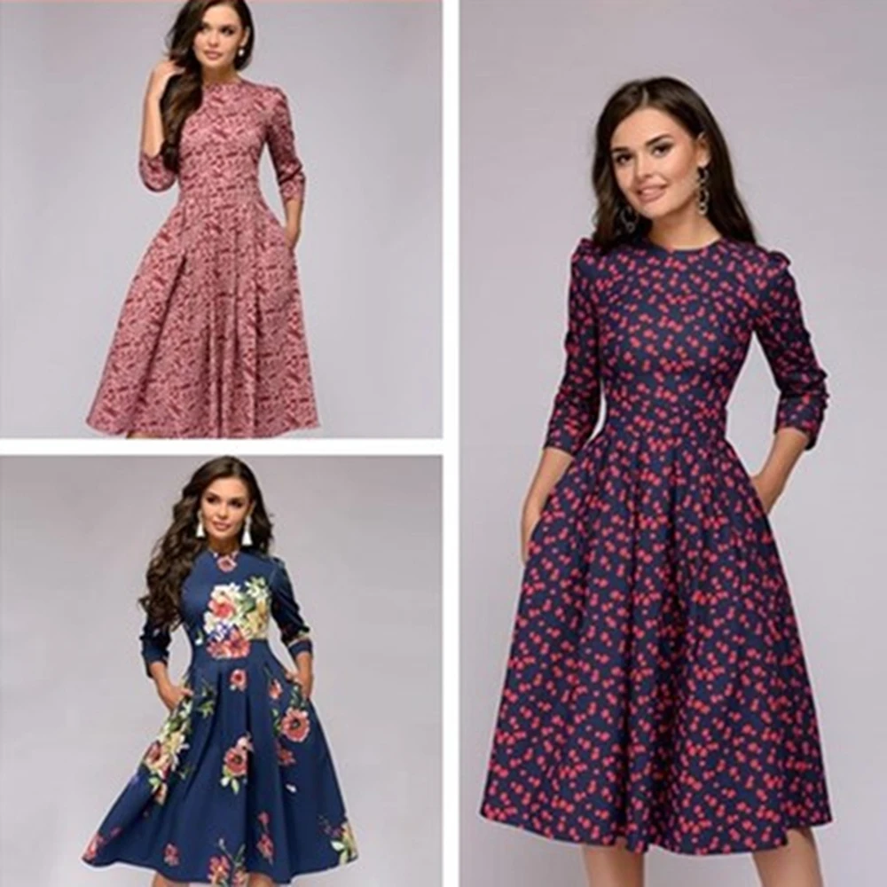 

Women Dresses Spring and Autumn O-Neck Floral Printed A-Line Dress Robe Long Sleeve Party Midi Fit and Flare Dress LYQ031