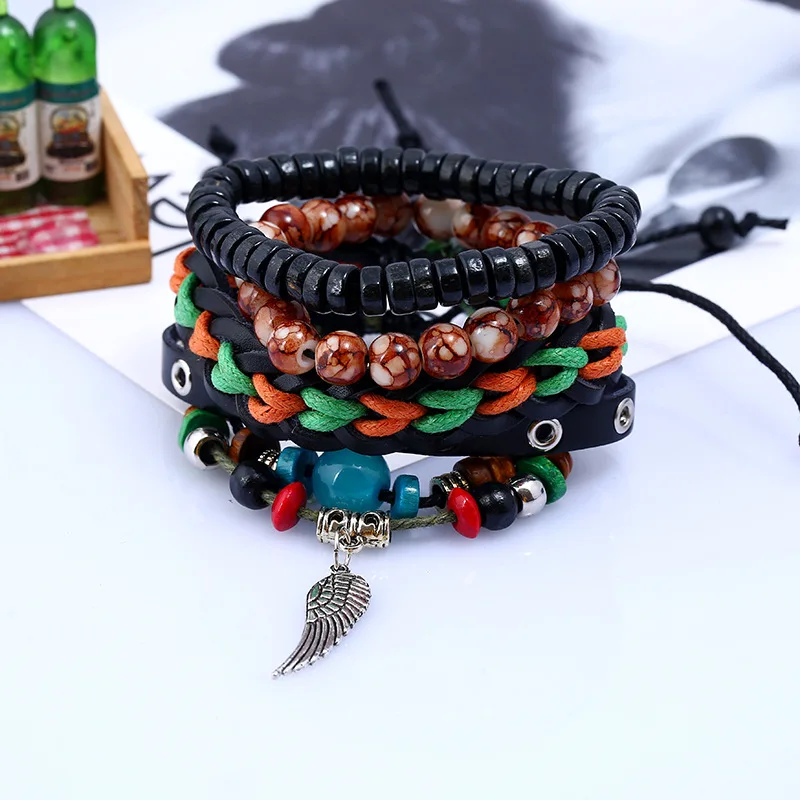 4pc Multilayer Genuine Leather Bracelet Set Feather Leaf Charms Wooded Beads Bracelets for Men Women Vintage Punk Wrap Wristband | Украшения
