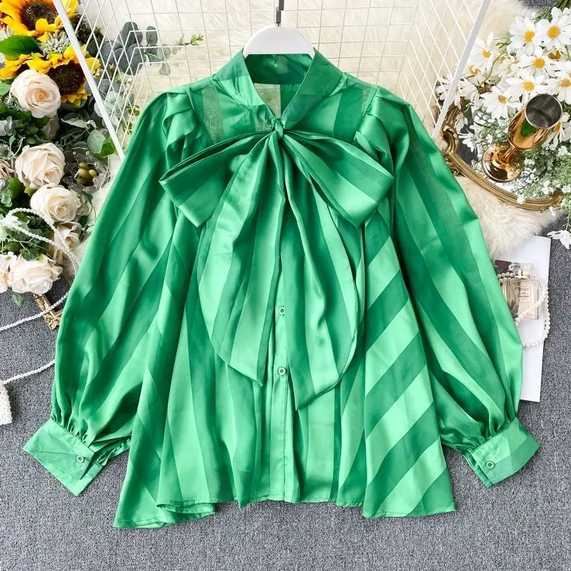 

2021 Spring New Loose Fashion Lantern Long-Sleeved Single-Breasted Blouses Womens Lace-Up Bow Tie Silk Satin Babydoll Shirt Tops