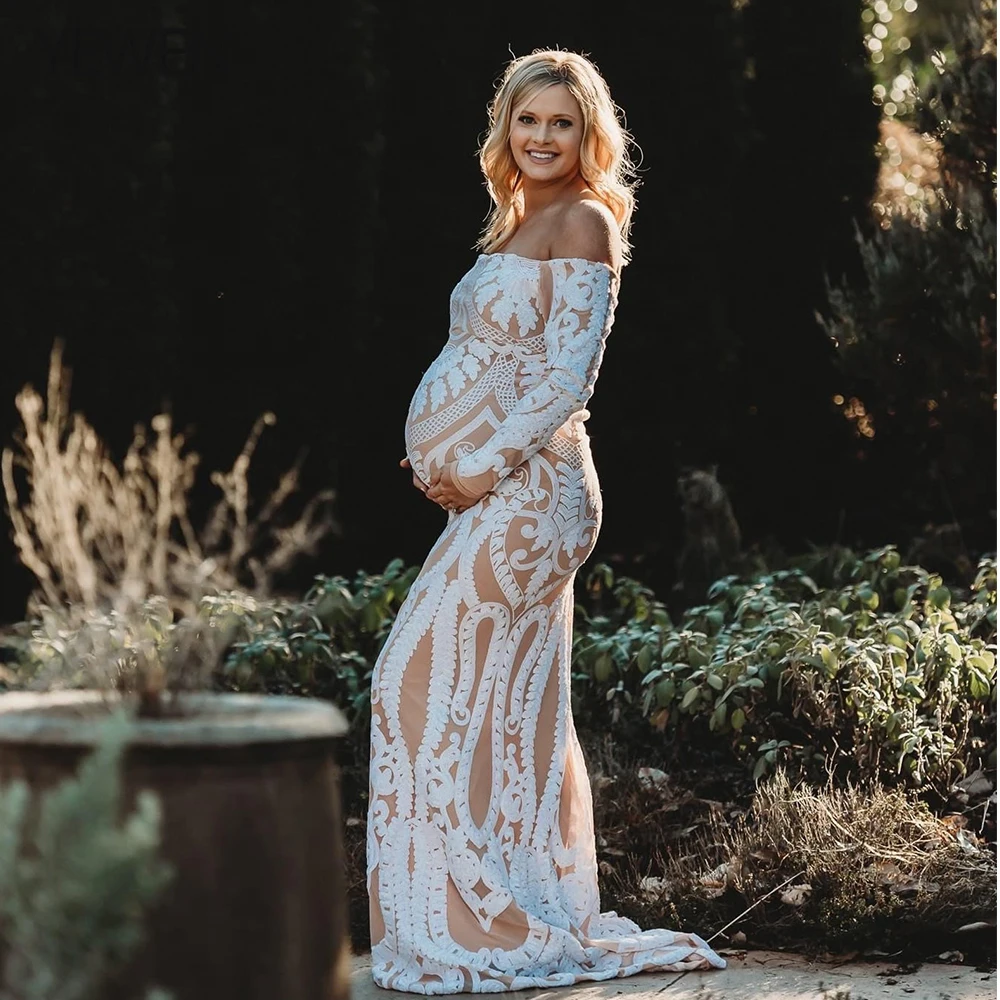 Buy Lace Evening Dress Long Sleeves Woman Off Shoulder Maternity Dresses for Photo Shoot Photography YEWEN 2021 on