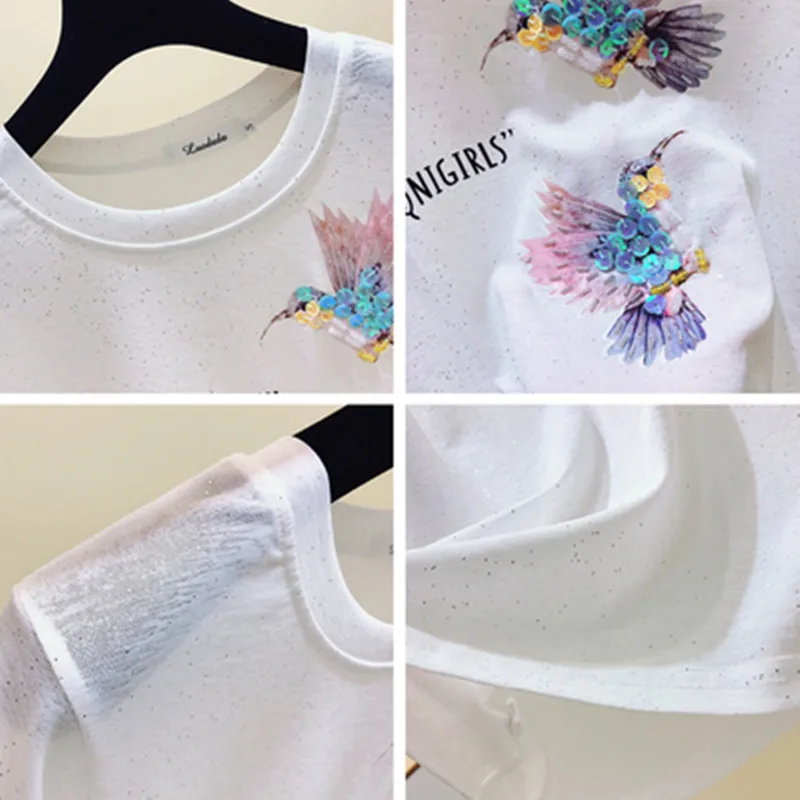 

Women Sweet T Shirt Tops Summer Short Sleeve T-shirt 2021 Female Fashion Sequins Letter Printing Ice Silk T-shirt