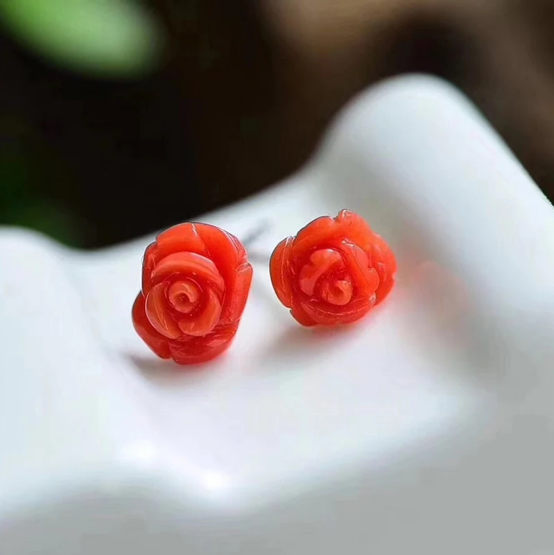 

1Pc Natural red coral earrings 925 Sterling Silver fashion gem ring crystal healing stone gift for ladies christmas