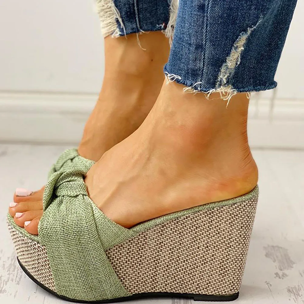 

Bow Tied Slip on Leisure Platform Summer Sandals Fashion Wedges High Heels Women Shoes Woman Mules Flip Flops