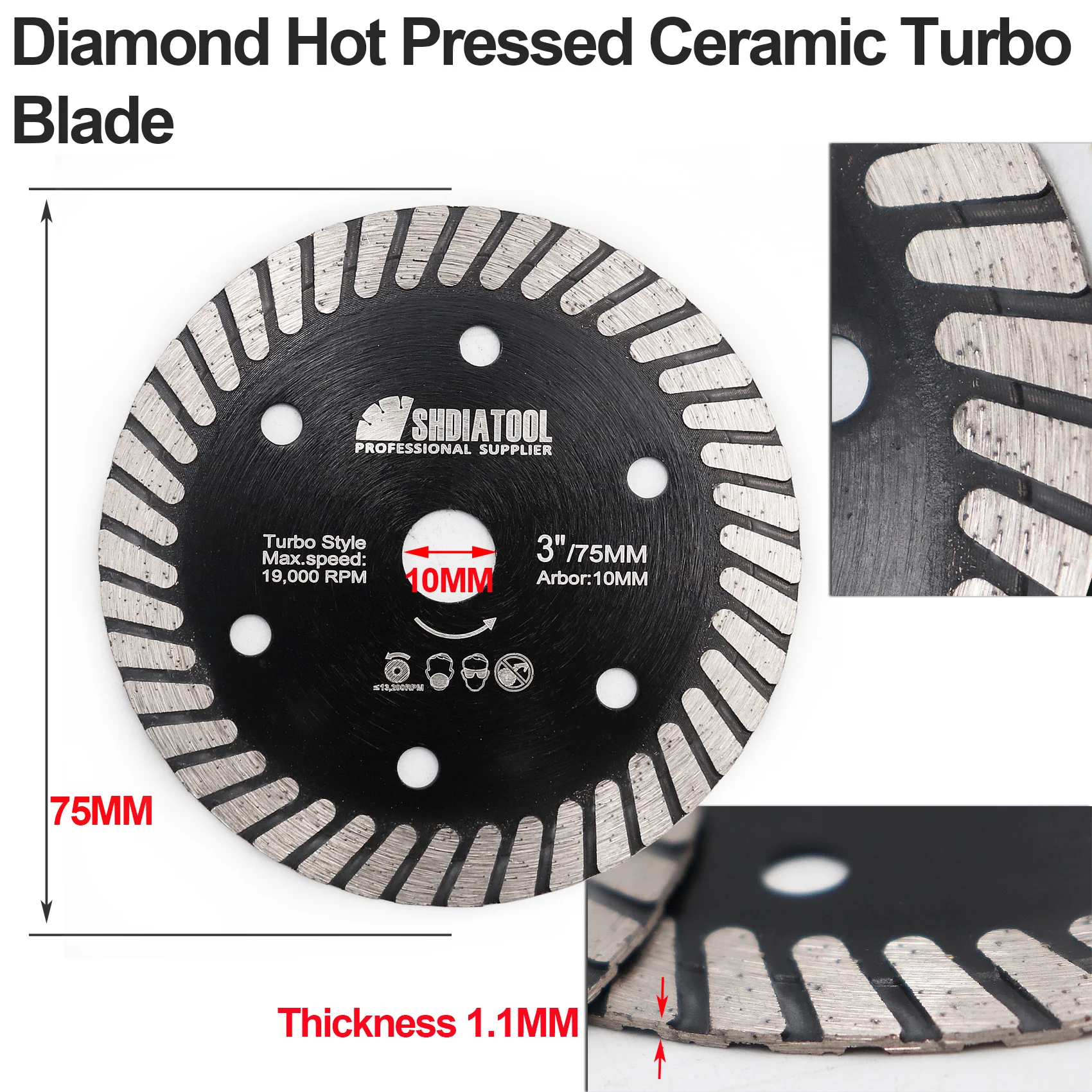 

SHDIATOOL 2 pieces/set 3inch Diamond Hot Pressed Ceramic Turbo Blade 75mm Porcelian Disc Tickness 1.1mm Cutting Disc Tile Saw