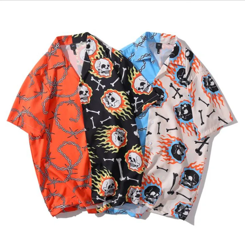 

2021 Hip Hop Shirt Streetwear Men Hawaiian Shirt Fire Skull Chain Harajuku Beach Shirt HipHop Shirts Summer Tops Short Sleeve