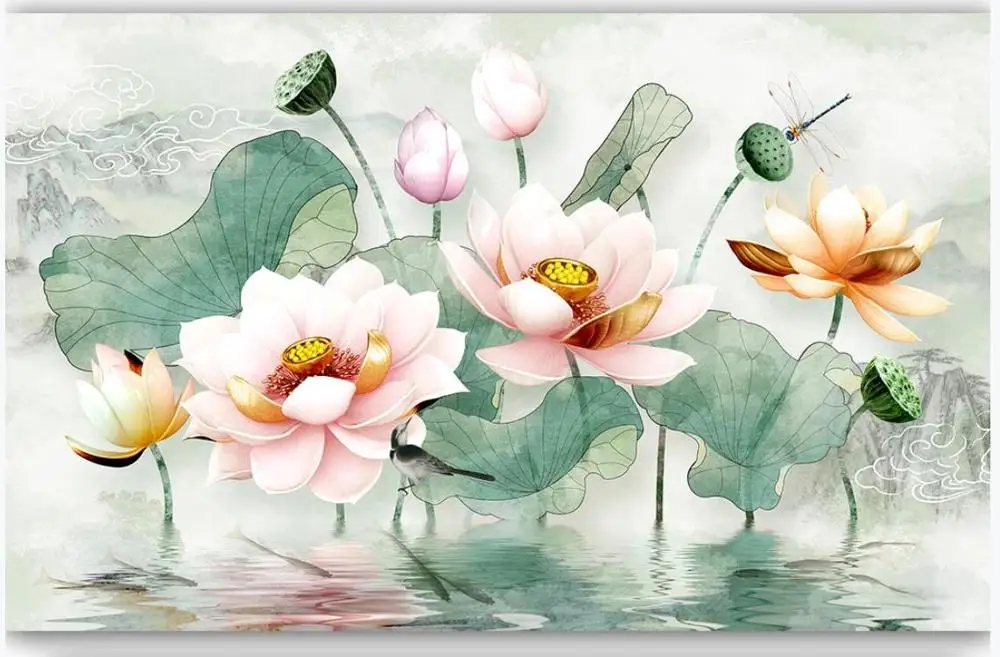 

Custom photo wallpapers 3d wall mural wallpapers Idyllic landscape mbossed lotus fresh watercolor lotus leaf TV background wall