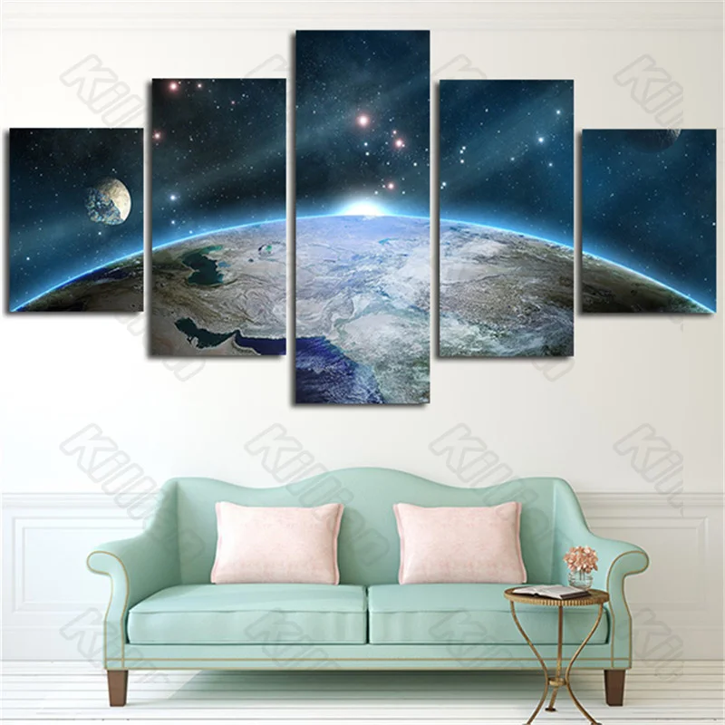 

Landscape Style Murals Canvas Painting Bed Home Decoration Prints 5 Pieces Cartoon Star Earth and Moon Living Room Wall Mural