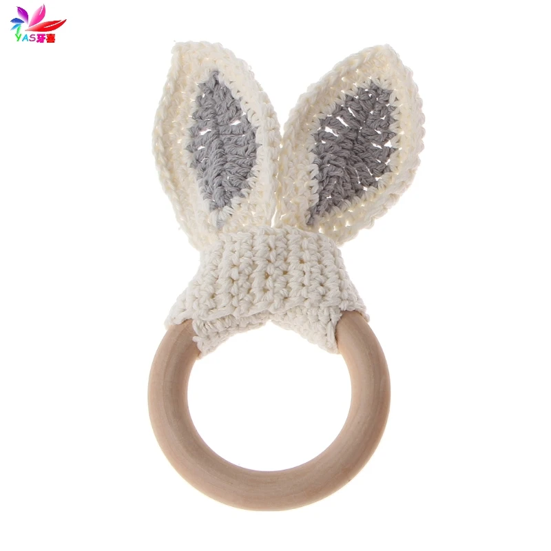 1 Baby Girl Boy Teething Ring Chewable Teether Wooden Natural Bunny Rattle Toy - Цвет: 1