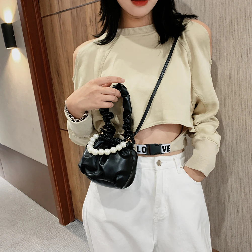

Fashion Women Mini Totes Bag Pearl Pleated Handle Female PU Leather Elegant Small Sling Shoulder Crossbody Handbag