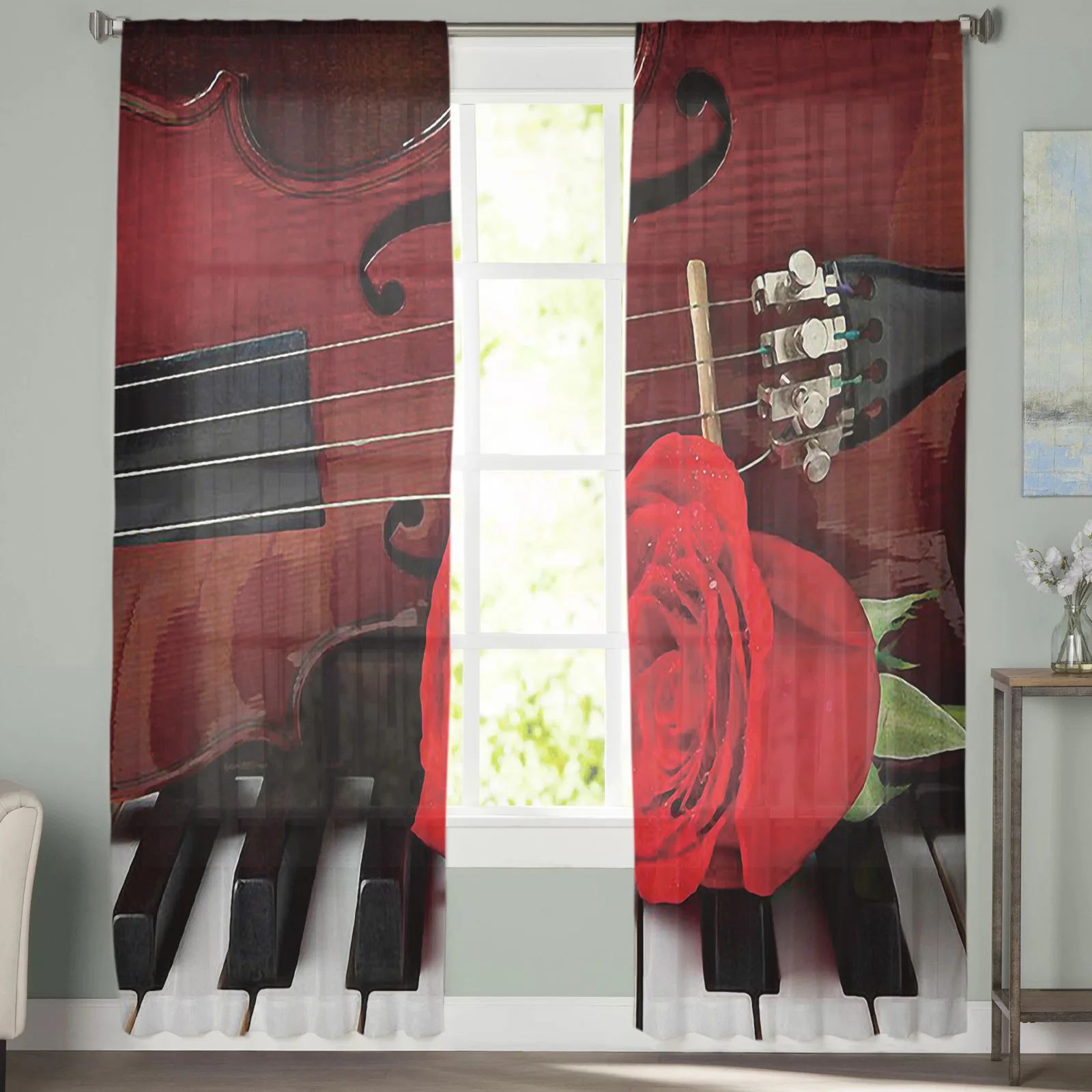 Занавеска на окно с изображением скрипки и красных роз для пианино Современная