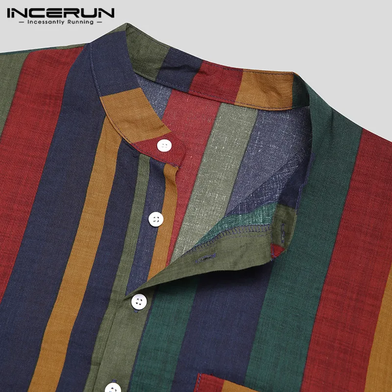 INCERUN Vintage Striped Sleep Robes Men Fashion Long Sleeve Sleepwear Stand Collar Buttons Nightgown Man Loose Cotton Bathrobes