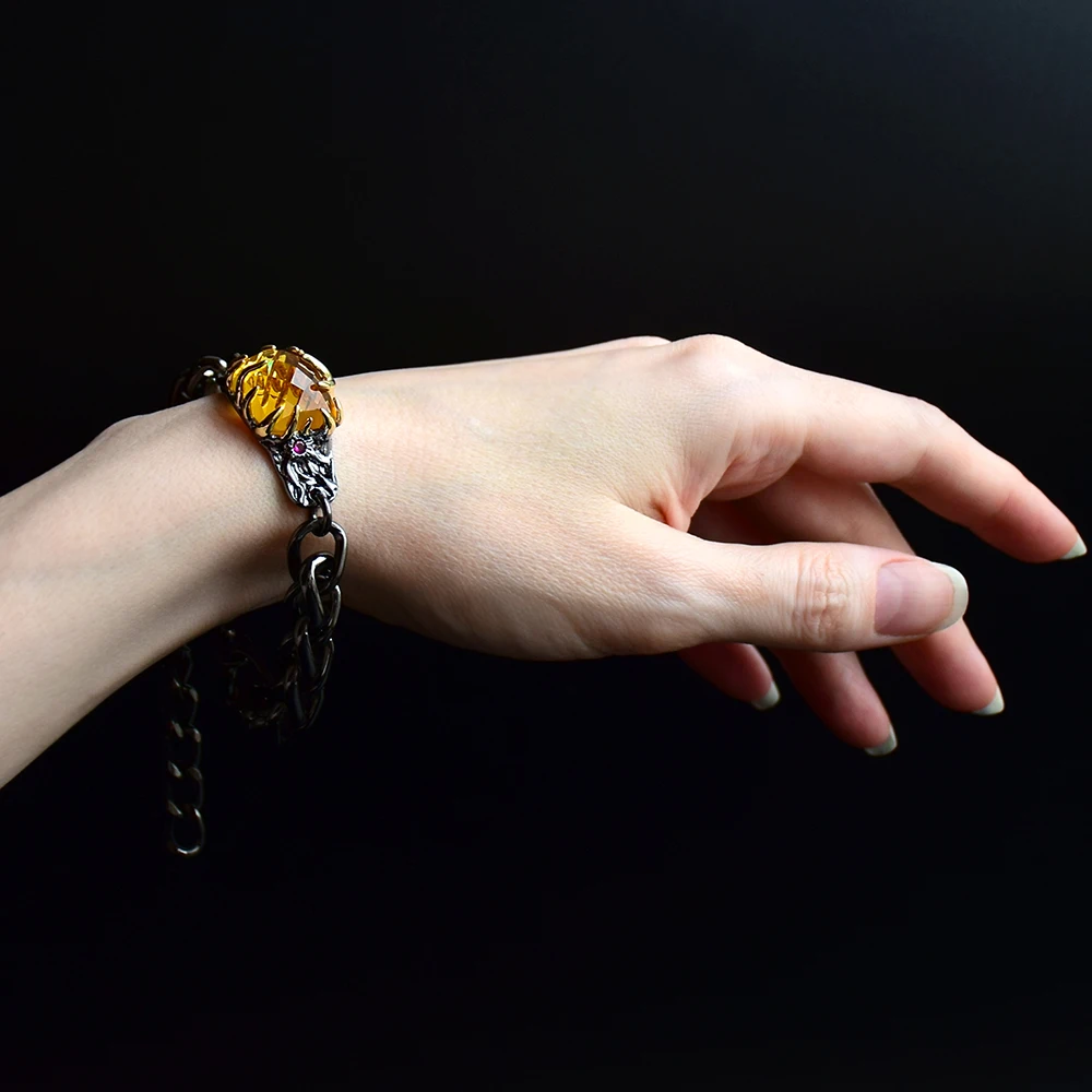 

Big Black Braided chain bracelet Large Irregular Lt Golden stones 20.5+3.5cm Adjustable Punk Link bangle wrist women