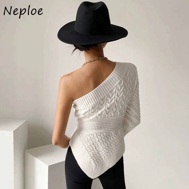 Женский вязаный свитер Neploe с косым воротником открытыми плечами | Женская одежда