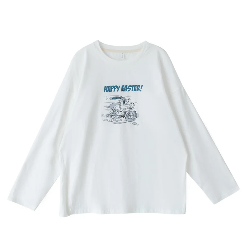

Cartoon Printed Round Neck Cotton Long Sleeve T-Shirt Women's 2021 Autumn New Loose Medium Length College Style Split Top Qn*