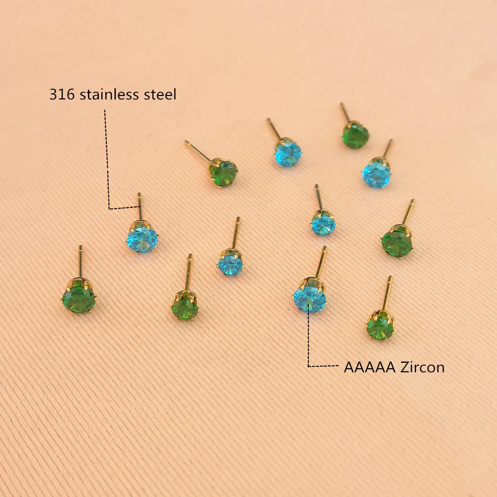 

Bling 5A Ocean Blue Green Zircons With Stainless Steel Stud Earrings