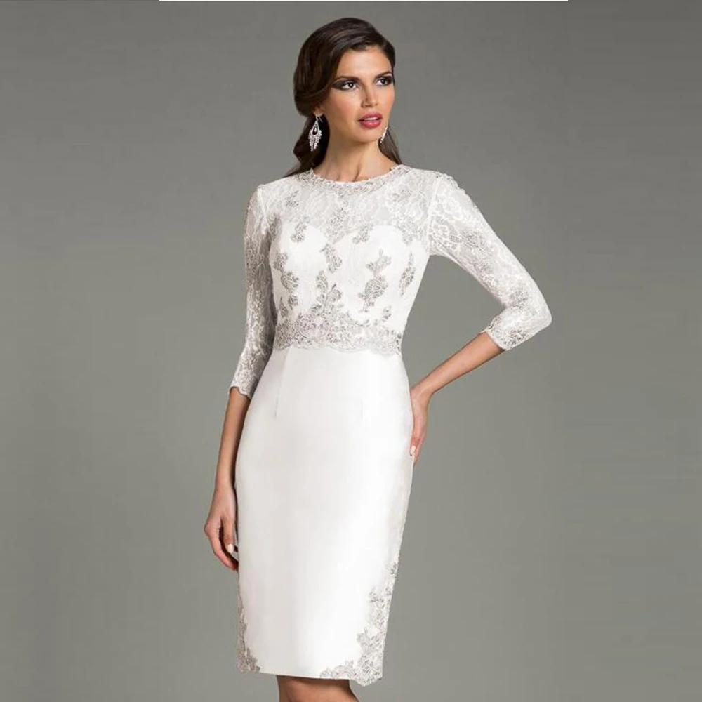 

2020 New Classic Ivory Knee Length Lace Mother of the Bride Dresses Short With Three Quarter Sleeves Wedding Guest Gowns Slim