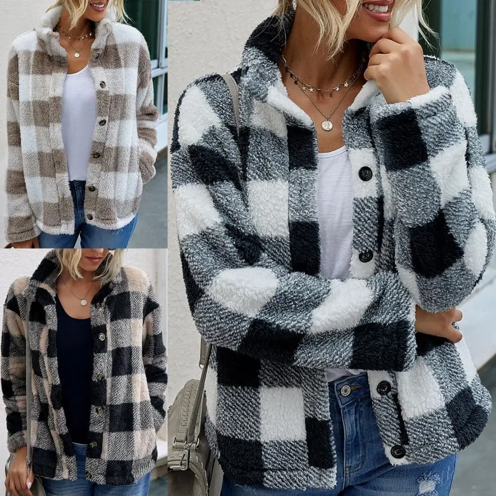 

Women Turn Down Collar Long Sleeve Plaid Coat Pockets Buttons Warm Fluffy Jacket Wholesale Dropshipping