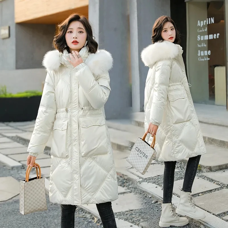 

Уличная одежда, блестящая стеганая куртка с большим меховым воротником, женское корейское зимнее пальто средней длины, модная толстая зимн...