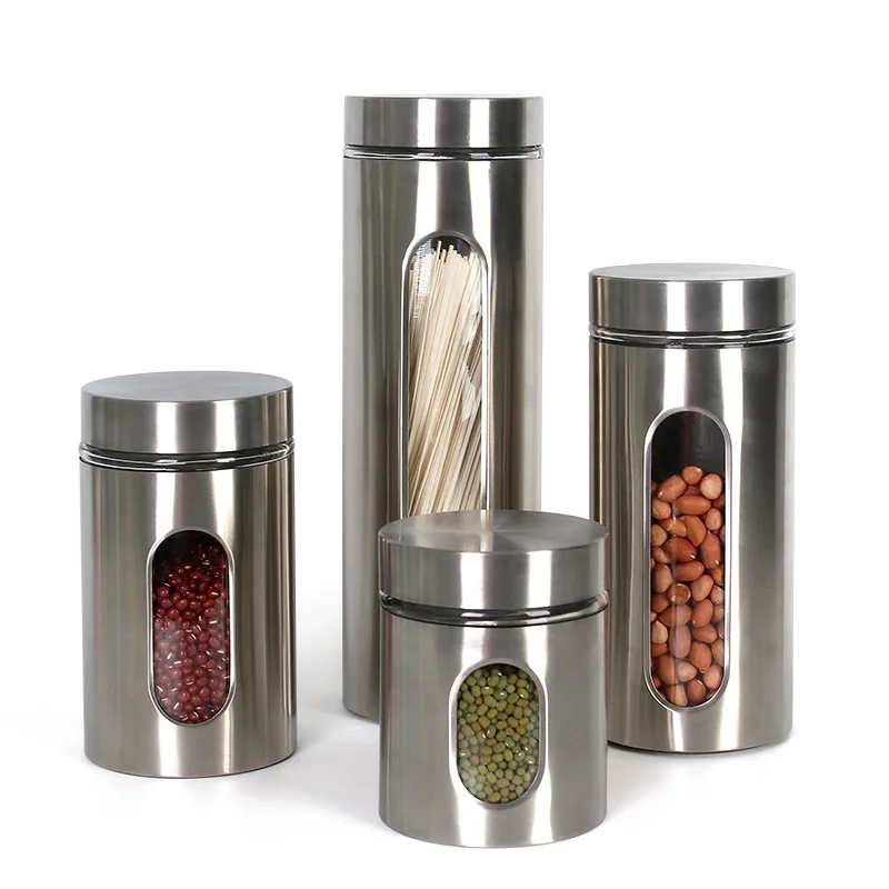 

Kitchen Household Stainless Steel Storage Tank Shatter-resistant Visual Glass Seal Pot Grains Caddy Receive Food Cans Suger Jar