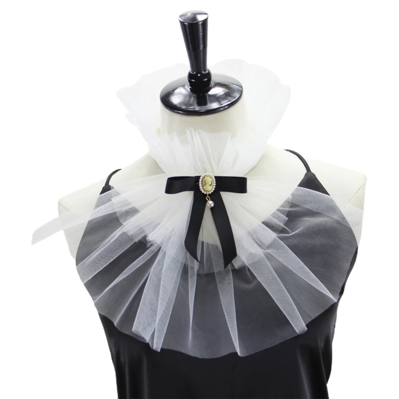 

Women Victorian Ruffled Mesh Jabot Diamond Bowknot Pirate Colonial Detachable Fake Stand Collar Vintage Steampunk Shirt Front N