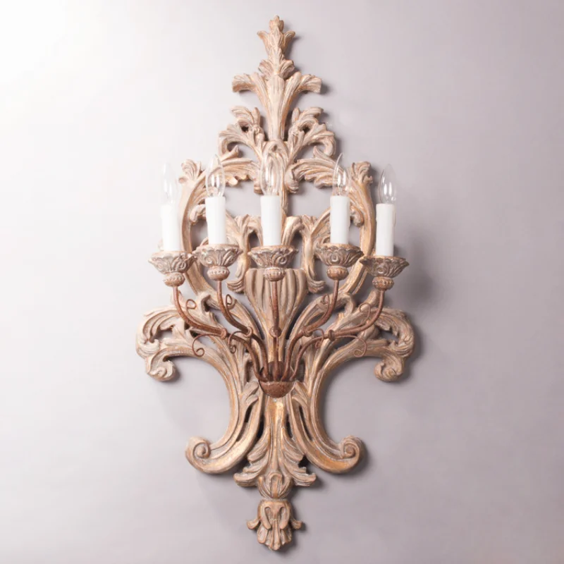 

Custom American Country Wall Lamp Retro Villa Living Room Wall Lamp Corridor Aisle Luxury Five-Head Wood Carving Wall Lamp