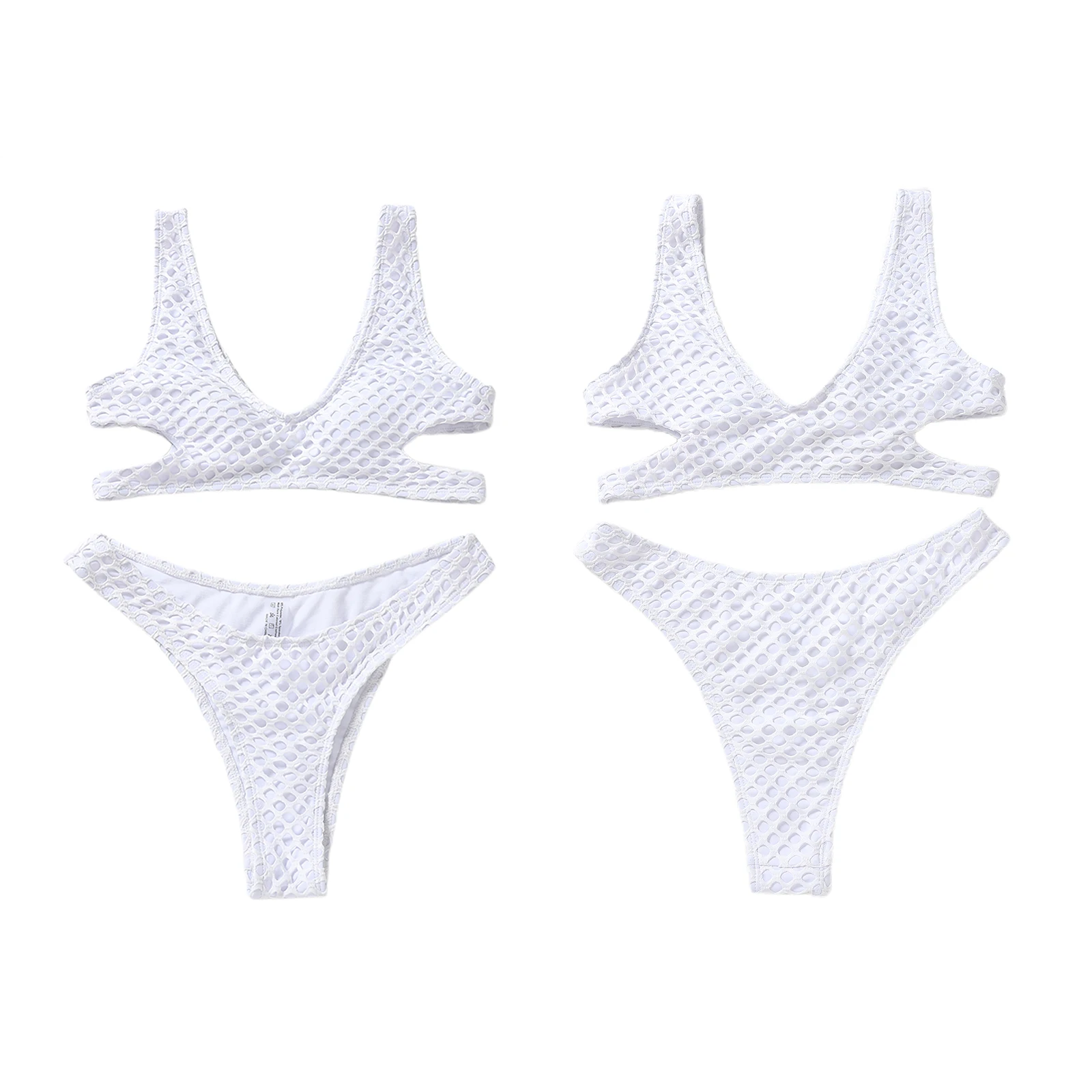 

2 Pcs Women Mesh Bathing Suits Adults Sleeveless Hollow Out Padded Solid Color Sexy Triangle V-neck Bikini Bra Swimming Bottoms