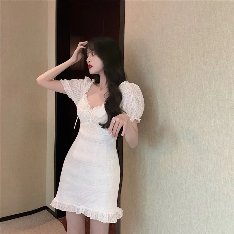 Мини-платье женское с французским квадратным воротником романтичное облегающее