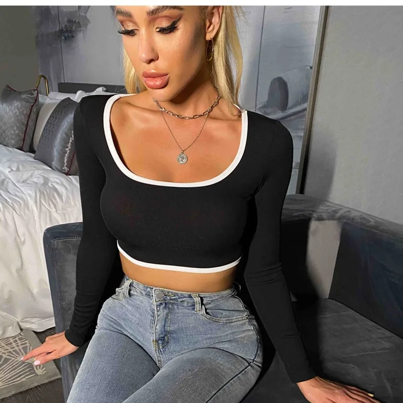 

Women Navel Long Sleeve Tops with Sexy Tight-Fitting Type Streetwear Solid Colors Square Collar Spring Autumn T-shirts