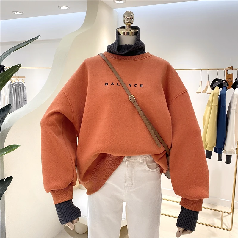 

Woman's Fleece Oversize Fake two-piece Sweatshirts Solid Female Hooded Pullovers Thicken Warm Hoodies