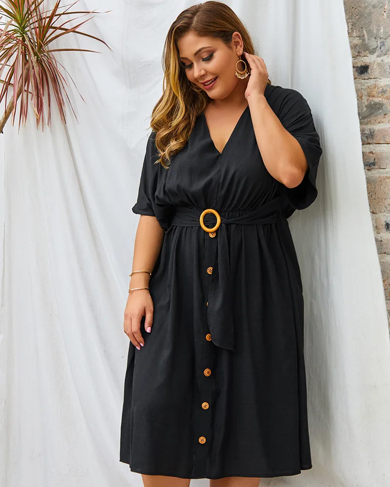 

Plus Size Solid color Single Breasted Sexy Dress Party Clud High Waist Belt Elegant V Neck Women Long Dresses Lantern Sleeve