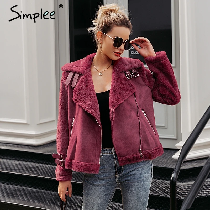 

Simplee Faux leather suede lamb fur jacket coat women Moto zipper suede jacket female overcoat Casual turn-down winter coat 2017