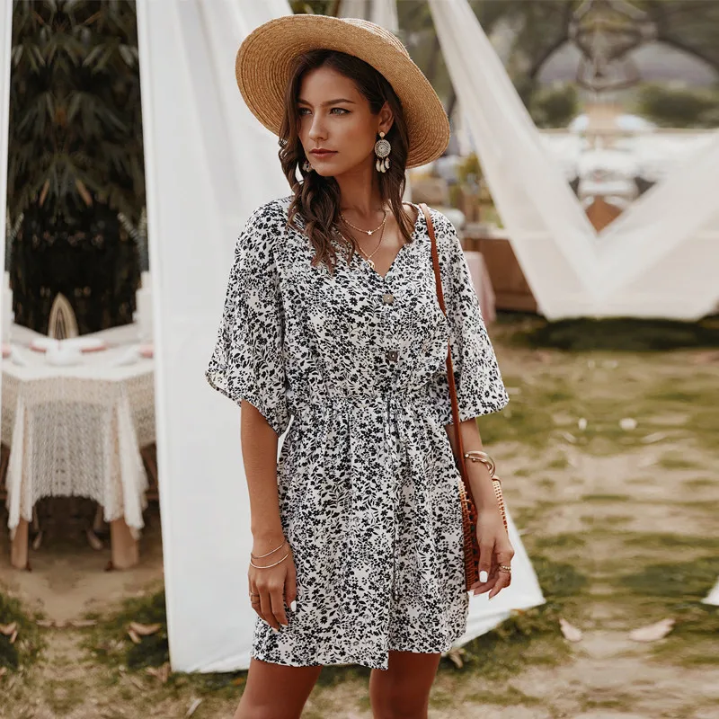 

2021 New Summer Ladies Temperament Short Floral Dress Women Vacation Print Button V-neck Above Knee Mini Dress