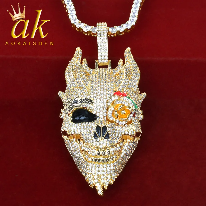 

Gold Color Skull Pendant Cubic Zircon Rose Flower Eye Plated Hip Hop Necklace Chain Rock Jewelry
