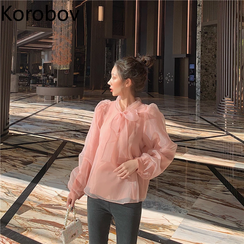 Женские блузки с бантом Korobov винтажные Блузы длинным рукавом и шнуровкой новинка