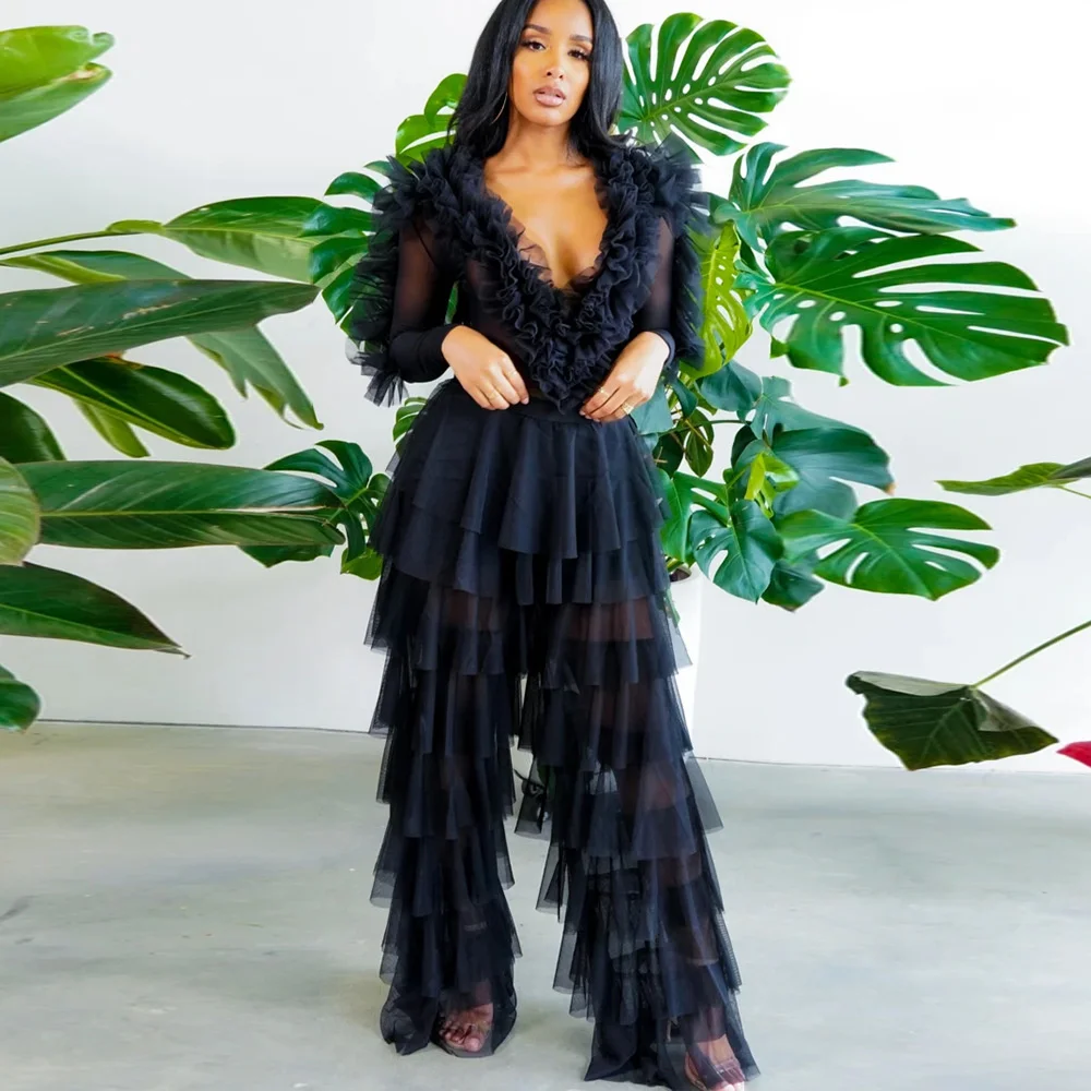 

Sexy See-through Mesh Two Piece Set Women Sexy V-Neck Body Tops + Wide Leg Pants Set High Waist Ruffle Female Set Long Sleeve