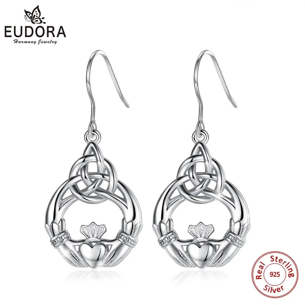 

EUDORA Genuine 925 Sterling Silver Claddagh Celtics Knot Drop Earring Crown & Heart Dangle Earrings for Women Fine Jewelry CYE65