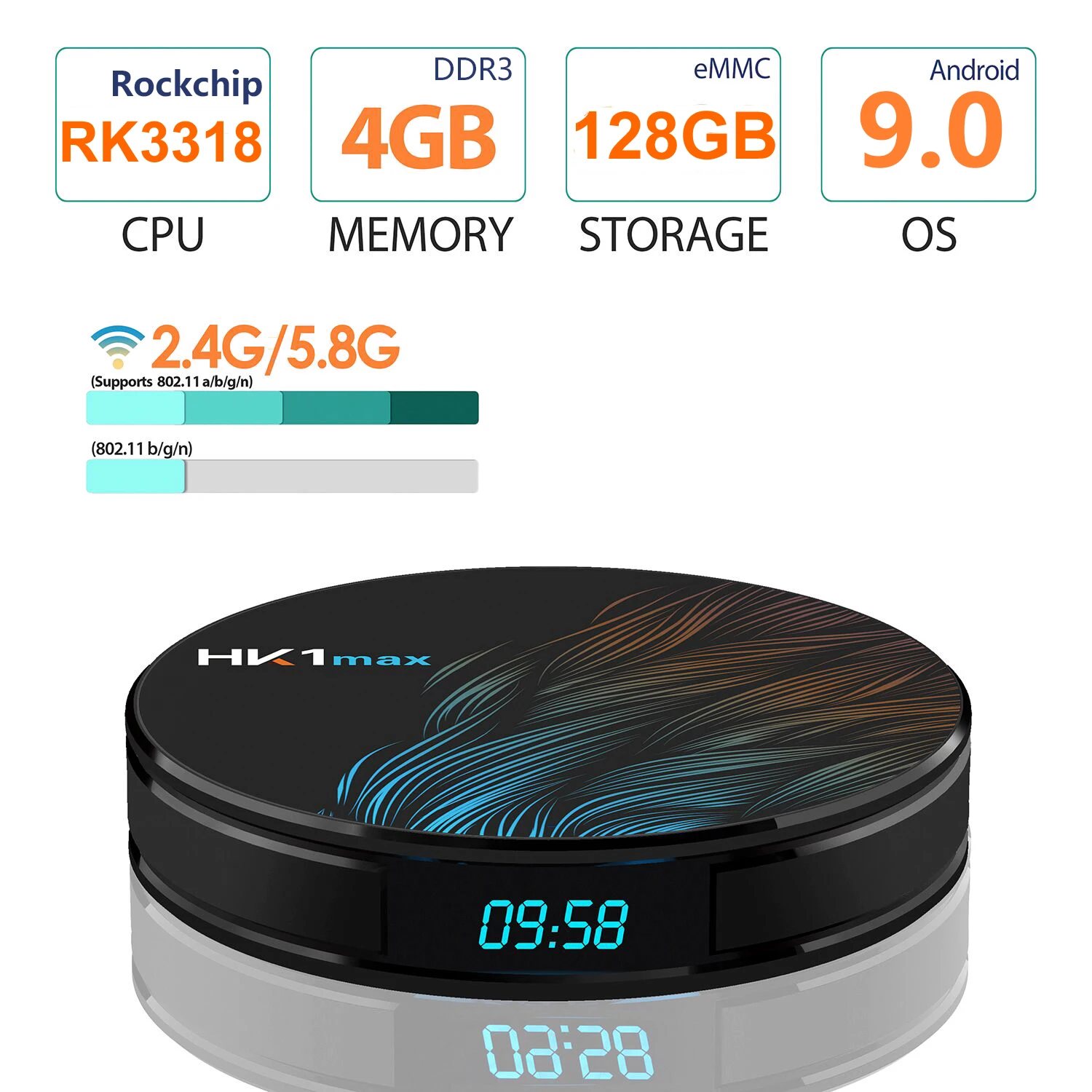 HK1 MAX Смарт ТВ коробка Android 9,0 RK3318 4 ядра, 4 Гб Оперативная память 128 Гб Встроенная память 2,4G/5G двойной WI-FI BT4.0 USB 3,0 3D 4K ТВ-приставка IPTV Set-top BOX